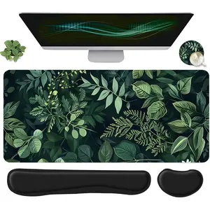 Green Plant Ferns Pattern Mouse Pad Set, Mouse Pad & Keyboard Wrist Rest & Coaster, Ergonomic Wrist Support, Computer Mat, Suitable for Home Office Gaming