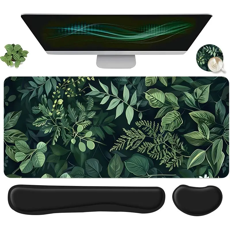 Green Plant Ferns Pattern Mouse Pad Set, Mouse Pad and Keyboard Wrist Rest & Coaster, Ergonomic Wrist Support, Computer Mat, Suitable for Home Office Gaming