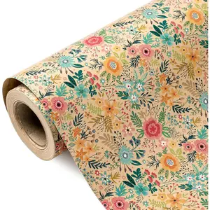 Kraft Floral Wrapping Paper Roll - 17"x9.8ft, Spring Garden Design for Wedding, Bridal Shower, Birthday Gifts