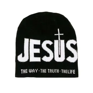 Unisex Y2K Letter Jacquard Knit Beanie, Cross & Heart Printed Soft Stretch Winter Hat, One Size Thermal Warm Streetwear Headwear, Cozy Skin-friendly Cold Proof Cap for Outdoor Sports, Daily Casual Cold Weather Outfits