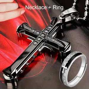 Christian 2-Piece Titanium Steel Cross Pendant Necklace and Ring Set - Cubic Zirconia Inlaid, Durable, Anti-Allergy, Nickel-Free Blackmetal Necklaces, Perfect Holiday Gift
