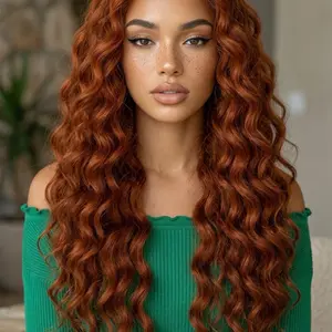 T frontal 28 inches synthetic wig   heat resistant curly ginger wavy