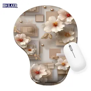 Elegant White Flowers with Red Centers Silicone Wrist Rest Mouse Pad - 8.98*7.56inchs - Floral Geometric Design for Office Home, Soft Supportive & Gift - Cream Beige Gold Accents Decorative Mousepad