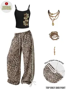 Women's Summer Casual Set, Slim Fit Sleeveless Vest + Loose Leopard Pants, Fashion Floral Print, Floral Pattern, Soft Comfortable, Home Essential, Must-Have, Womenswear