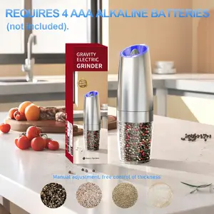 Modern Gravity Electric Salt and Pepper Grinder Set - Automatic One-Handed Pepper Mill with Blue LED Light, Adjustable Coarseness, Premium Stainless Steel - Battery Operated for Kitchen & Professional Catering