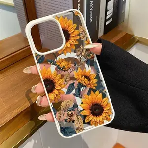 Wild Sunflowers Pattern Magnetic Phone Case Supports Wireless Charging Shockproof Non Slip Protection TPU Transparent Acrylic Cover Cellphone Protective Smartphone Durable Casing for iPhone 15 17 16 14 Pro Max 13 12 Air Plus