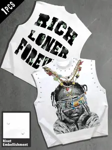 American Street Style Hip-Hop Sleeveless T-Shirt, Rivet Vintage Loose Fashion Vest, Daily Casual Wear, Men's Commute