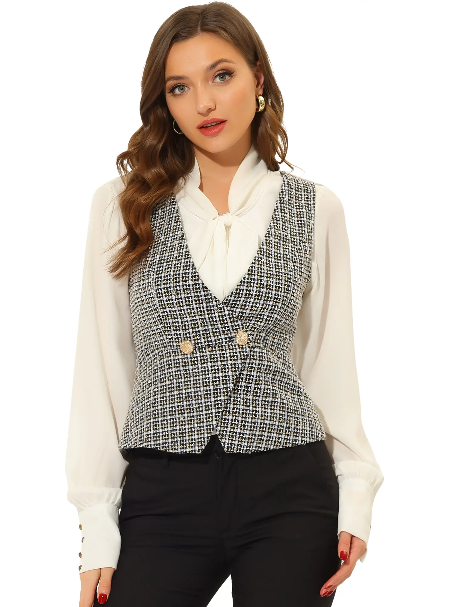 INSPIRE CHIC Vintage Tweed Vest Double Breasted Sleeveless Plaid Waistcoat Jacket
