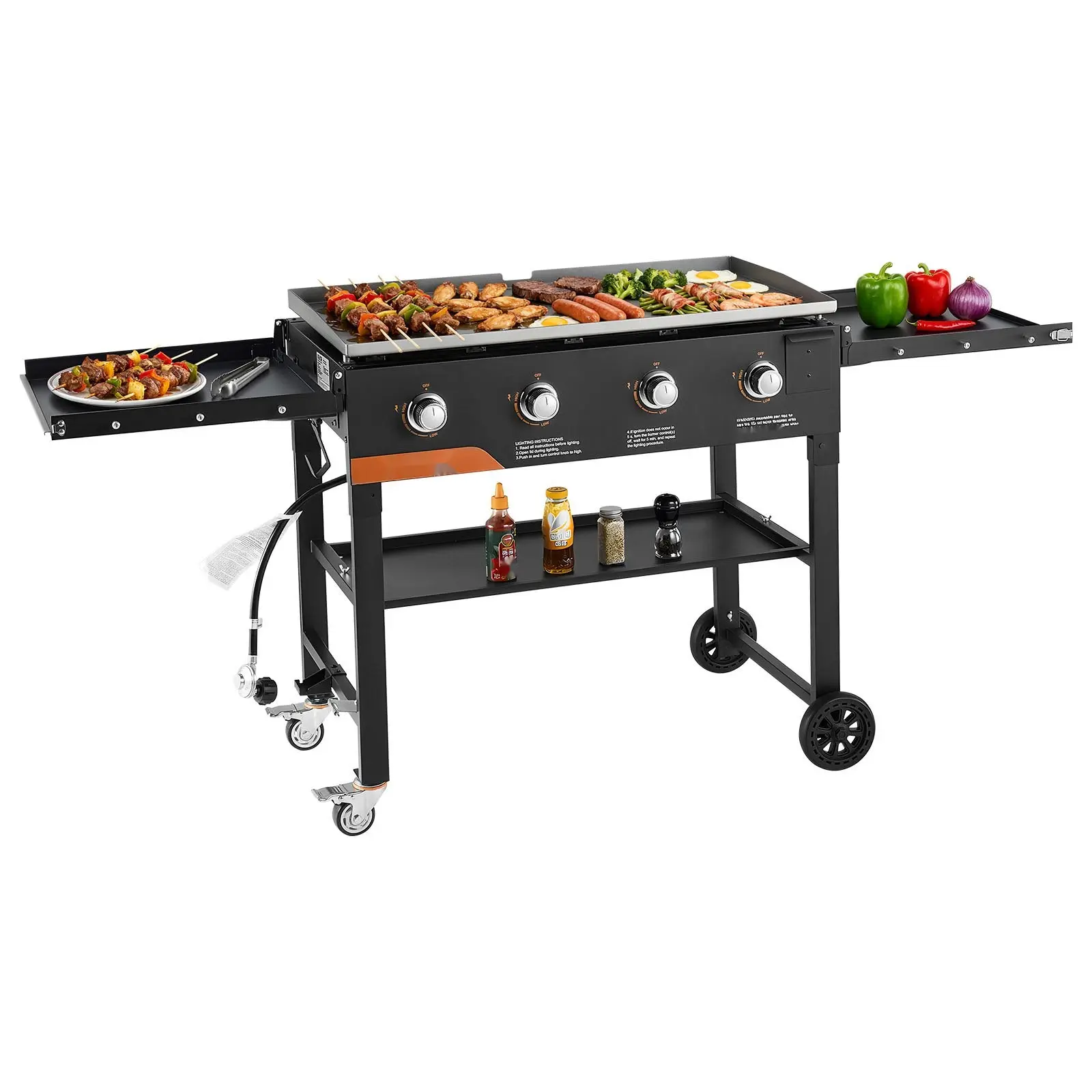Gas Griddle, 4-Burner Flat-Top Grill, 36-Inch Griddle Plate, Foldable Propane Griddle With Wheels, 60,000 BTU Outdoor Flat-Top Grill For Pan-Frying, Grilling, Stir-Frying, BBQ, And More, Pulse Ignition