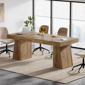 LITTLE TREE 55 Inches Executive Desk Mid-Century Modern Home Office Wood Computer Table Business Workstation Small Conference Table