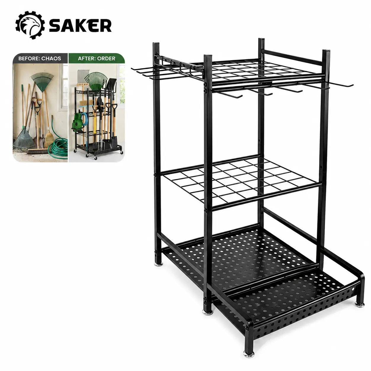 Saker 3‑Tier Heavy‑Duty Steel Garden Tool Organizer with Wheels, Rolling Storage Rack Holds 35 Long‑Handle Tools, Rust‑Proof Metal Tool Cart for Garage Shed Yard Outdoor Storage