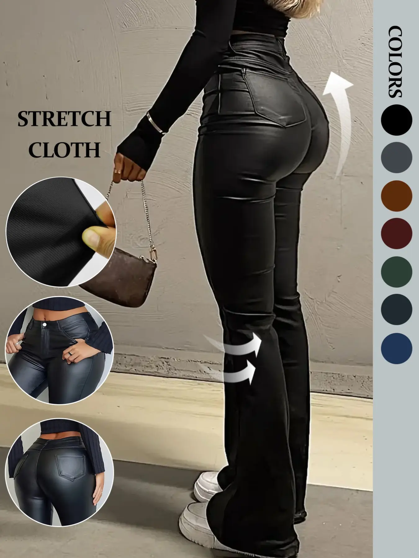 NVFelix Women Faux Leather Butt Lifting Leggings Flare High Waist Sexy Fit Basic Elegant Style Bell Bottom Pants Button