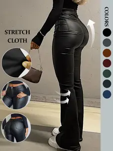 NVFelix Women Faux Leather Butt Lifting Leggings Flare High Waist Sexy Fit Style Bell Bottom Pants Button