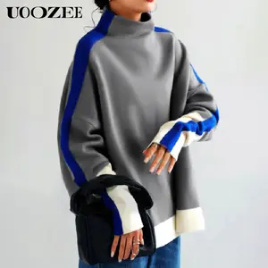 UOOZEE Women's Long-Sleeve High-Neck Turtleneck Pullover Hoodie Sweatshirt - Contrast Color Twist Split-Joint Design, Stylish Casual Everyday Top