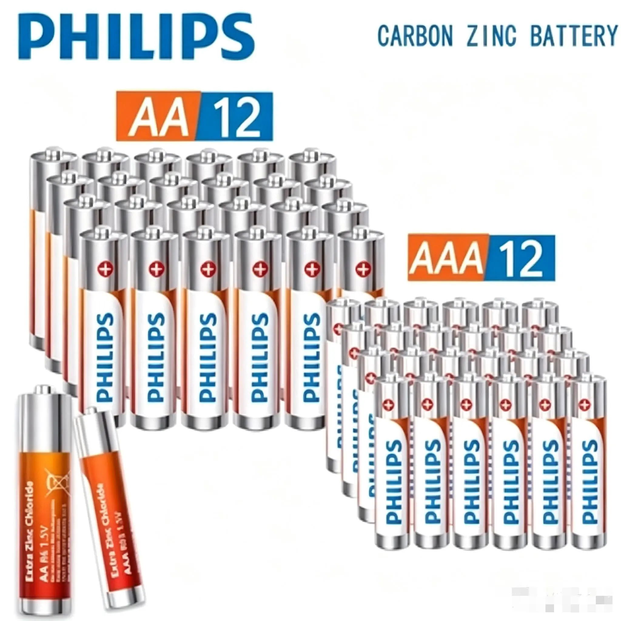 PHILIPS Carbon Zinc AA & AAA Batteries Combo Pack, Dry Batteries for Remote Control, Clock & Household Use, Multiple Sizes 【12+12/24+24 / 40+40 / 60+60 Pcs】