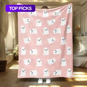 Halloween Theme Flannel Blanket with Ghost Print, Soft Warm Throw for Office Living Room Bed Sofa Nap Air Conditioning Use, Decorative Giftable Blankets, Flannel Cozy Blanket