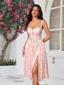 Backless Smocking Floral Print  With pockets Split A-line Bodycon Dress,Dresses for Summer Vacations and Casual Outings