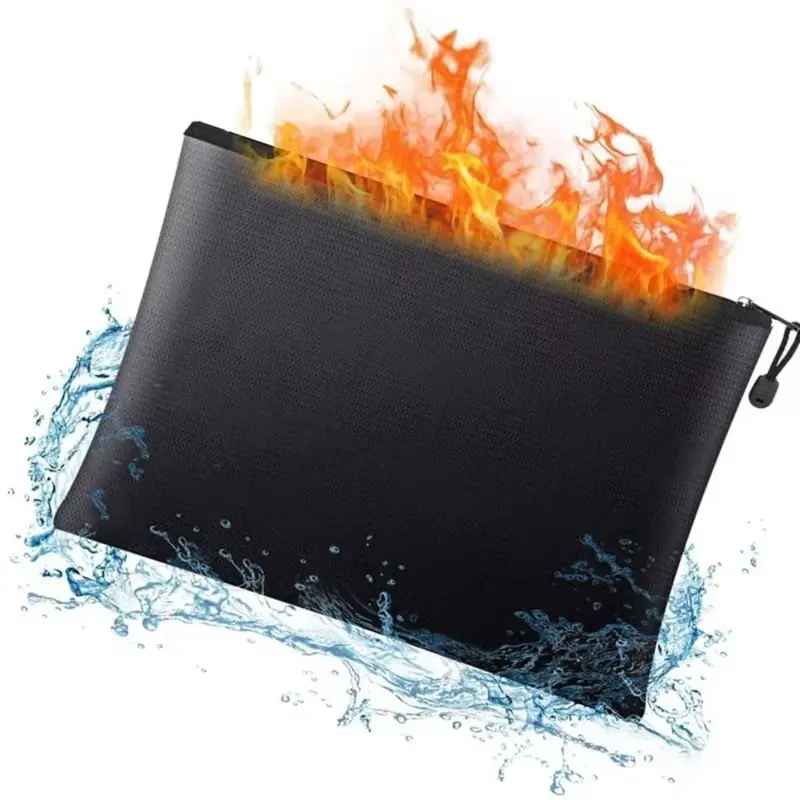 Black 14x10 in Fireproof Document Pouch, 4-Layer Non-Toxic Synthetic Fireproof Polyester, 2000℉ Heat-Insulating Waterproof Storage Bag, Universal Home Organizer with Zip, Zipper Closure Keeps Contents Secure for Documents Jewelry