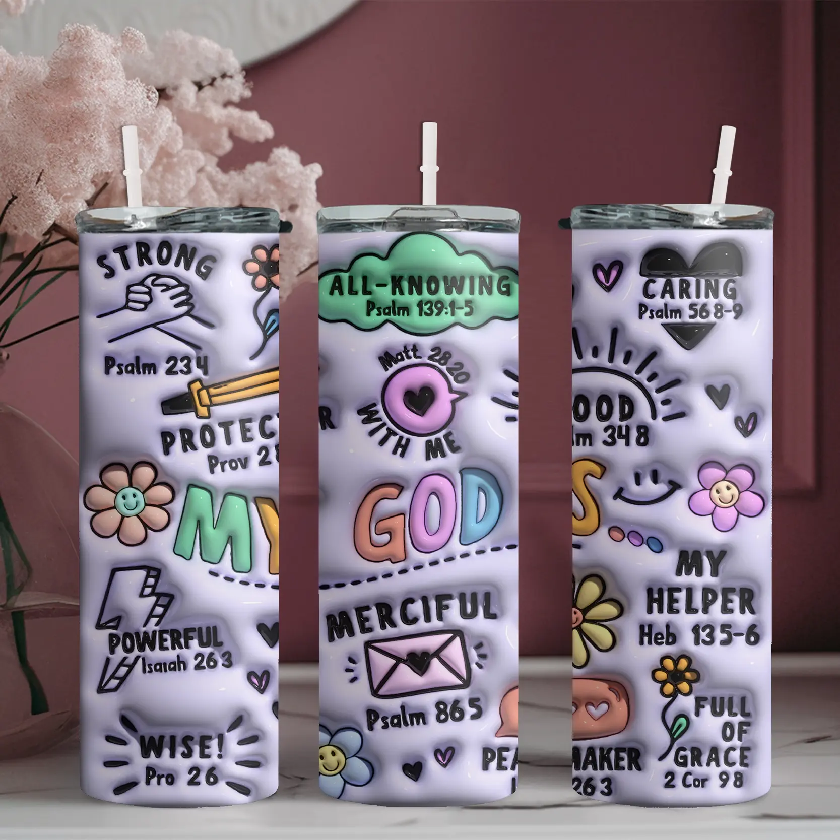 20oz Airtight Stainless Steel Water Bottle - Skinny Tumbler with Straw, "My God is Almighty and Loving" Design, Stainless Steel Drinkware, Ideal for Fitness & Travel, Great Gift for Family | 1pc