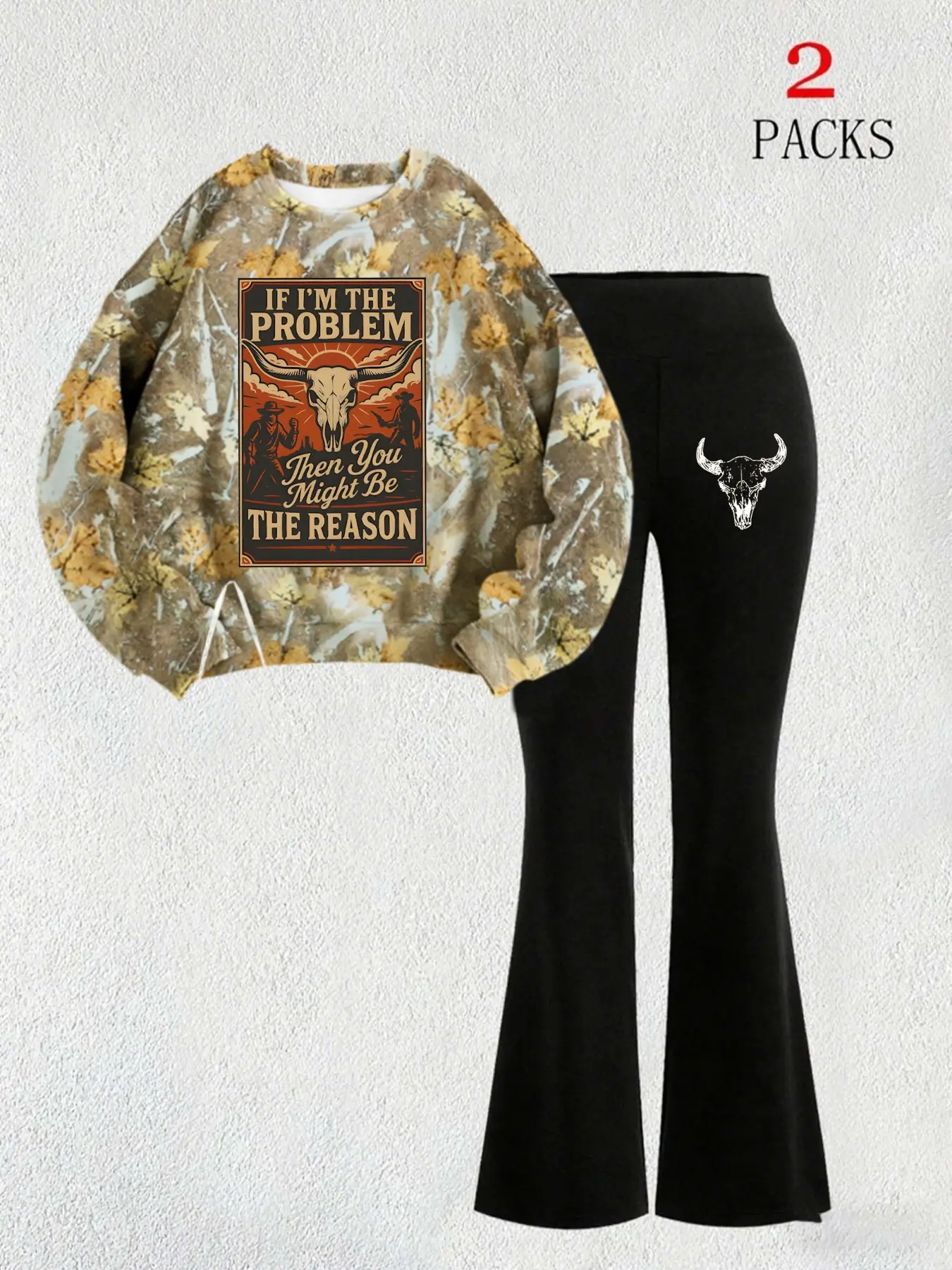 Women's Western Cowgirl Style Two-Piece Set Outfit, Loose Casual Round Neck Long Sleeve Top, Poster Print Skinny Bell Pants, Fall Winter Fashion Womenswear, Clothes for Lady Bell Bottoms Set