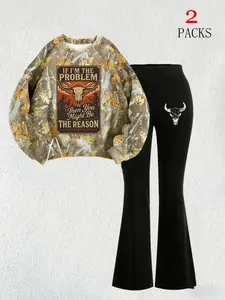 Women's Western Cowgirl Style Two-Piece Set Outfit, Loose Casual Round Neck Long Sleeve Top, Poster Print Skinny Bell Pants, Fall Winter Fashion Womenswear