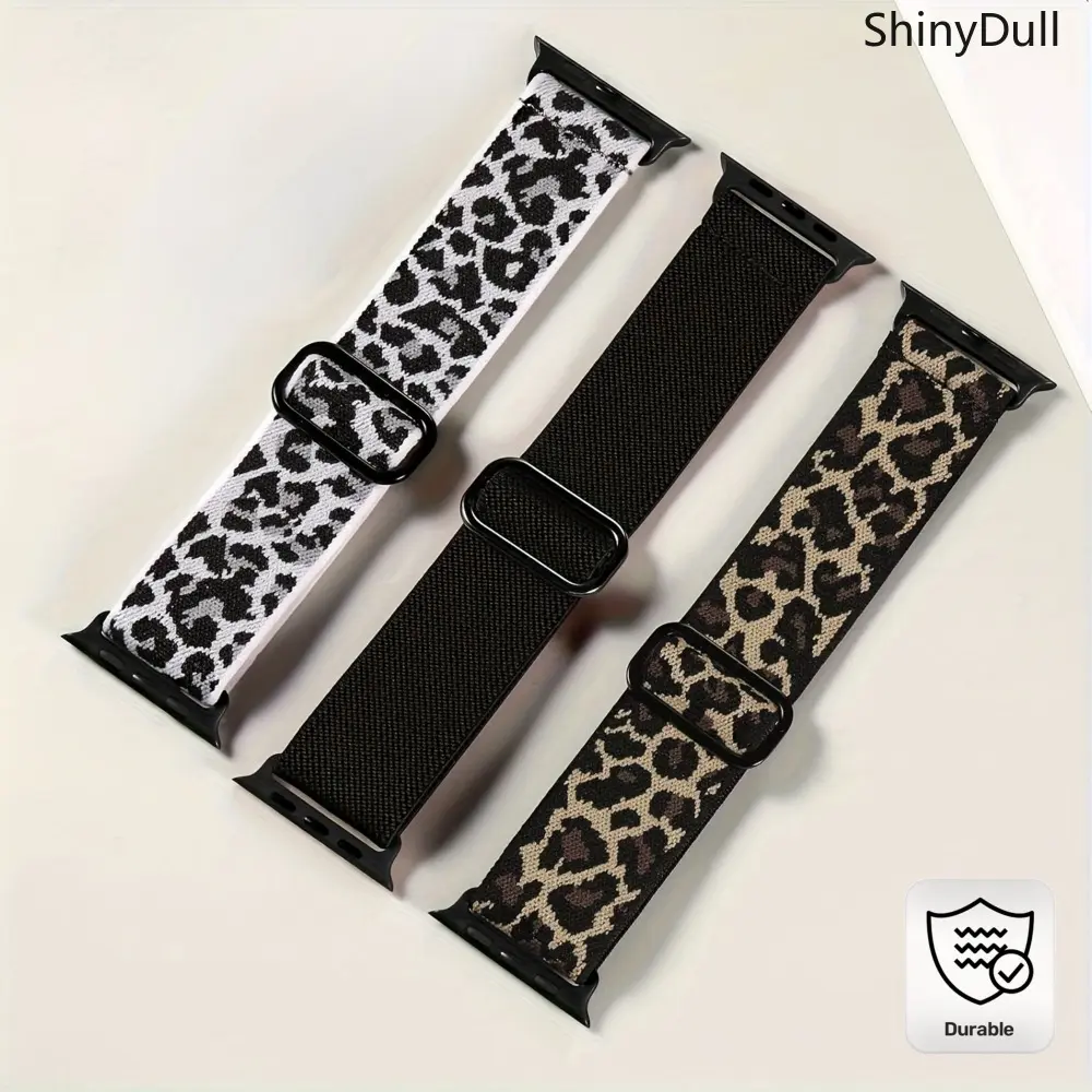 3-Pack Elastic Nylon Smartwatch Straps, Adjustable Solo Loop Wearable Accessories, 38-49mm Sizes (Leopard & Solid Colors), Nylon Strap Set 1 for Sports Use