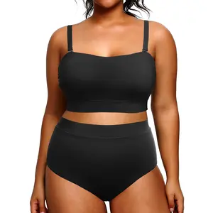 Tempt Me Women Plus Size Swimsuit Plus Size High Waisted Bikini Bandeau Two Piece Swimsuit with Adjustable Straps Strapless Swimsuit Full Coverage Bikini Sets for Women High Wasted Bath Suits Tummy Control