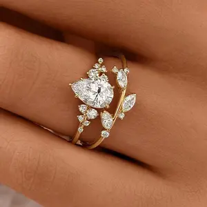 2-Piece Nature-Inspired Leaf & Branch Bridal Ring Set - 14K Gold Plated Pear Cut CZ Engagement Ring with Marquise & Round Accents - Artisan Design for Wedding, Anniversary & Birthday Gift for Her