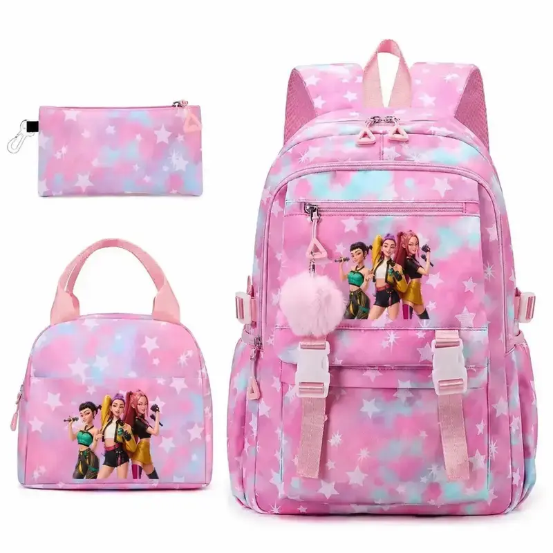 Huntrix Kpop Demon Hunters Backpack Set for Girls, 3 in 1 Kids Star Tie Dye School Bookbag with Lunch Box & Pencil Case, Waterproof Lightweight Ergonomic Elementary Middle School Backpack Pink