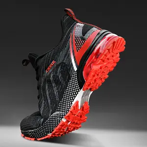 Summer men's new fly-ribbed breathable sports shoes, comfortable air-cushioned men's shoes, anti-slip rubber sole fitness and exercise shoes, suitable for all seasons' casual wear