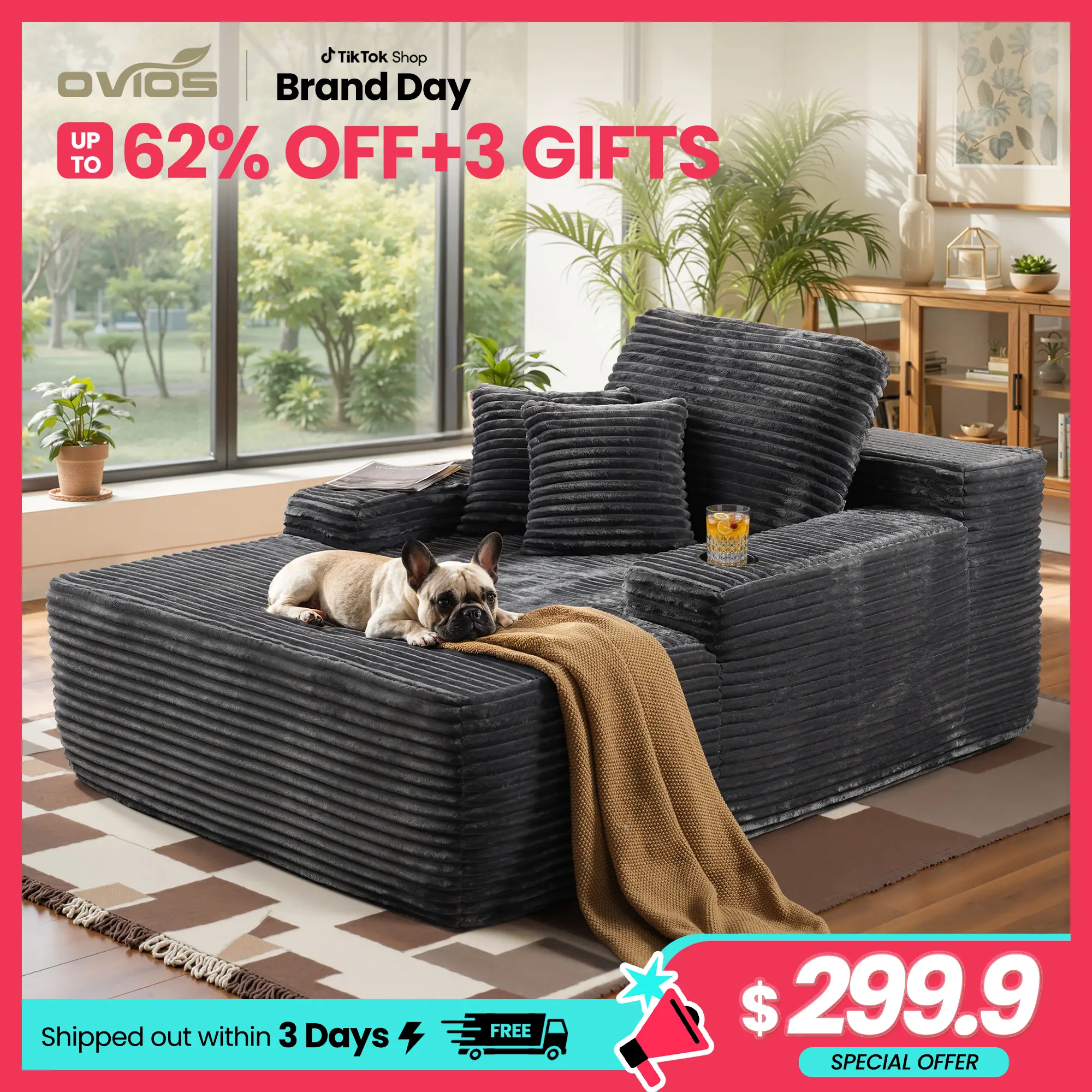 【Summerfinds】Ovios 67'' Boneless Chaise Lounge Chair with Cup Holders, Oversized Upholstered Sofa Bed, Sleeper Couch Reading Chairs Fluffy Plush Corduroy Cloud Sofas Couches Living Room - No Assembly Required