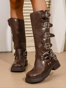 Autumn Winter Trendy Knight Long Boots, Multi-Buckle Design, Fashion Versatile Thick Sole Mid-Calf Boots, Stylish and Comfortable