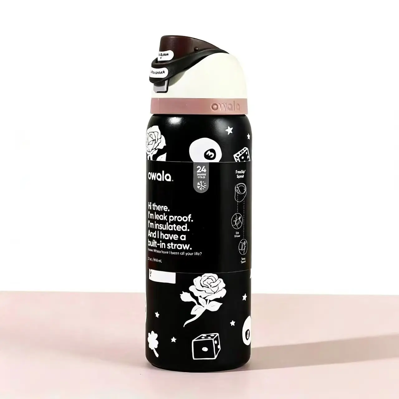 Owala 32oz Stylish Compact Double Wall Insulated Stainless Steel Water Bottle - Heat Resistant BPA-Free Leakproof FreeSip Flask with Built-in Straw, Black and White Rose Dice Print, Ideal for Adults' Sports, Daily Use Drinkware, Anti-Scalding