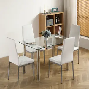 110cm Tempered Glass Dining Table Set with 4 PU Leather Chairs, Stainless Steel Frame, Modern Kitchen Dining Room Furniture
