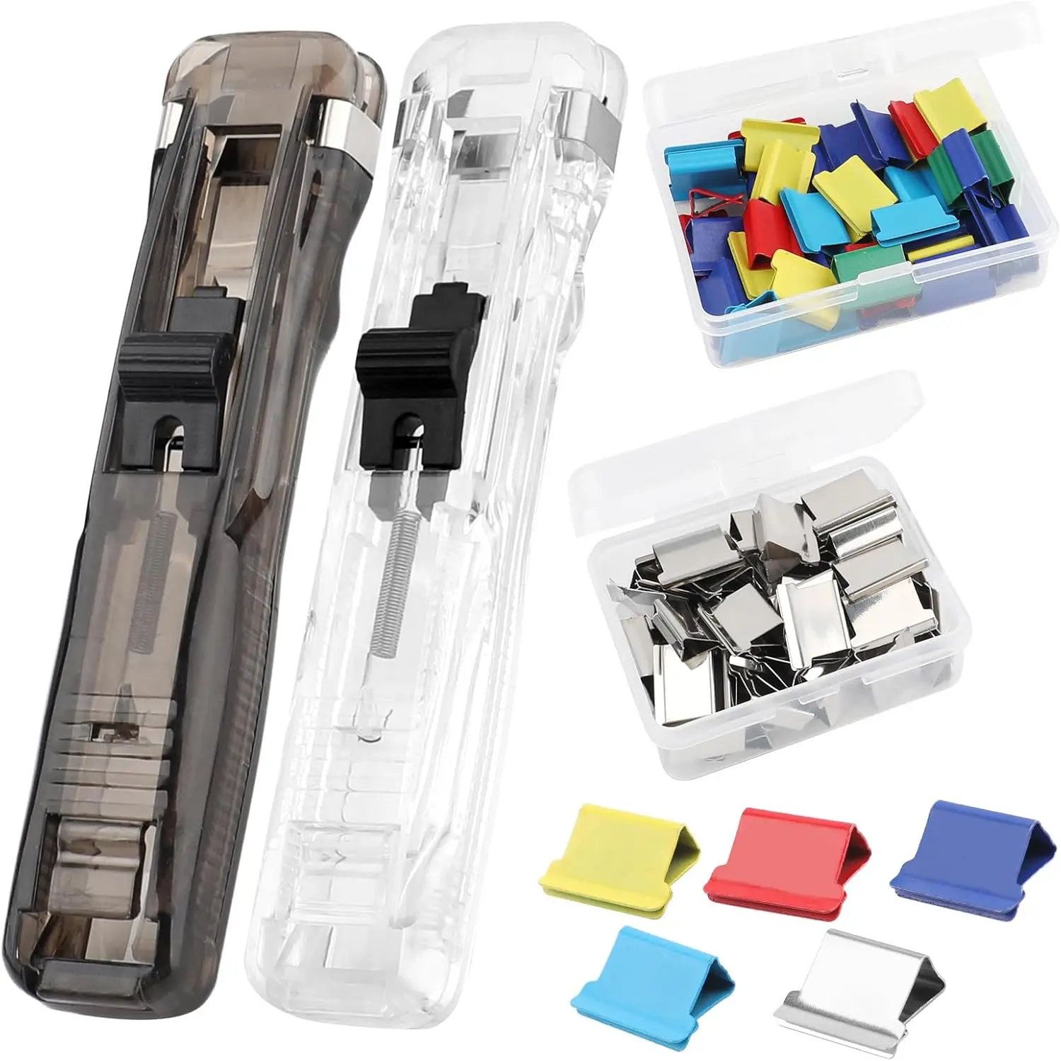 Lacari 2 Pcs Plastic Reusable Handheld Hole-Free Paper Clam Clip Dispensers - 100 Rustproof Stainless Steel Clips (50 Silver,50 Color) Binder Accessory, 1-Handed Operation Tool for Office Organization, Classroom & Workspace Documents