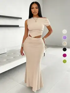 Women's Solid Asymmetrical Neck Hanky Hem Crop Stretchy Tee & Ruched Drawstring Mermaid Skirt Set, Elegant Fashion Casual Outfits for Daily Outdoor Wear, Ladies Clothes for Summer