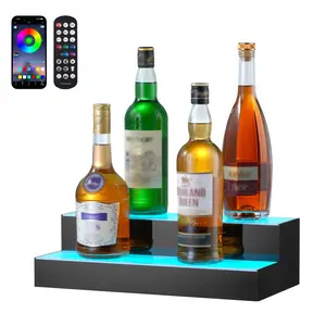 LED Lighted Liquor Bottle Display Shelf for Bar Counter with RF Remote and App Control, 16-Inch Wide, 2-Step Tiered Design, Dimmable White LED Illumination, Acrylic or Glass Display Case, Ideal for Home Bar or Restaurant