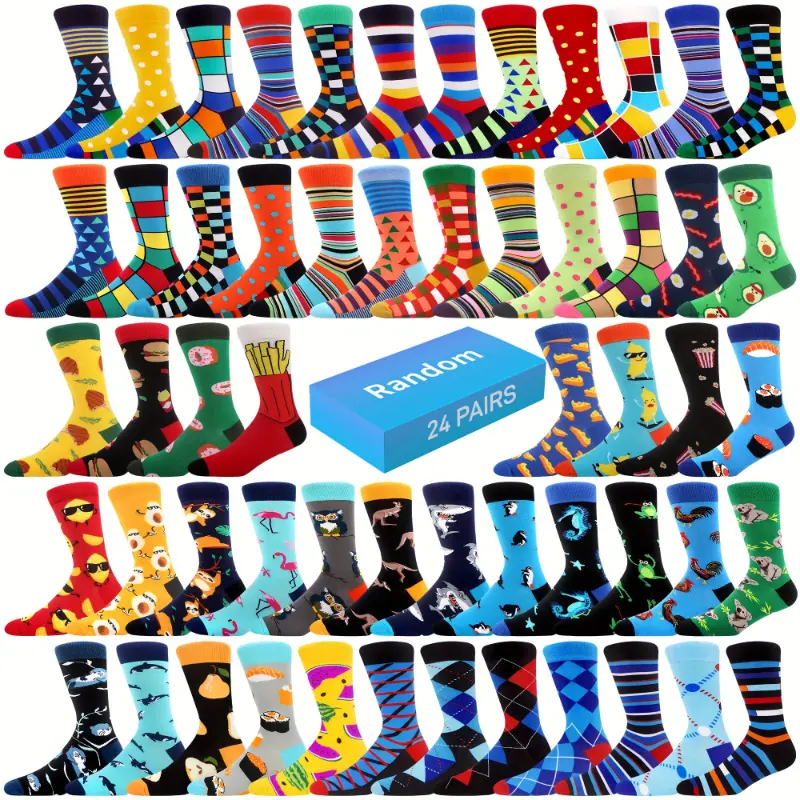 Men's Novelty Crew Socks, 24 Pairs in Random Assorted Prints, Cotton-Spandex Blend Knit Fabric, Gift for Men, US Size 7.5-12, Menswear, 24 Pairs Random Socks, Random Print Makes Every Pair Fun