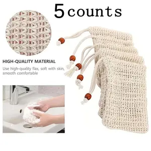 Exfoliating Soap Bar Saver Pouch, 5pcs/set Beige Facial Cleaning Soap Foaming Net Bag with Drawstring, Shower Cleaning Sponge Bag, Loofah Scrub, Bathroom Accessories, Hygiene Products, Exfoliating Net Sponges, Exfoliating Mesh, Exfoliating Bath Tool