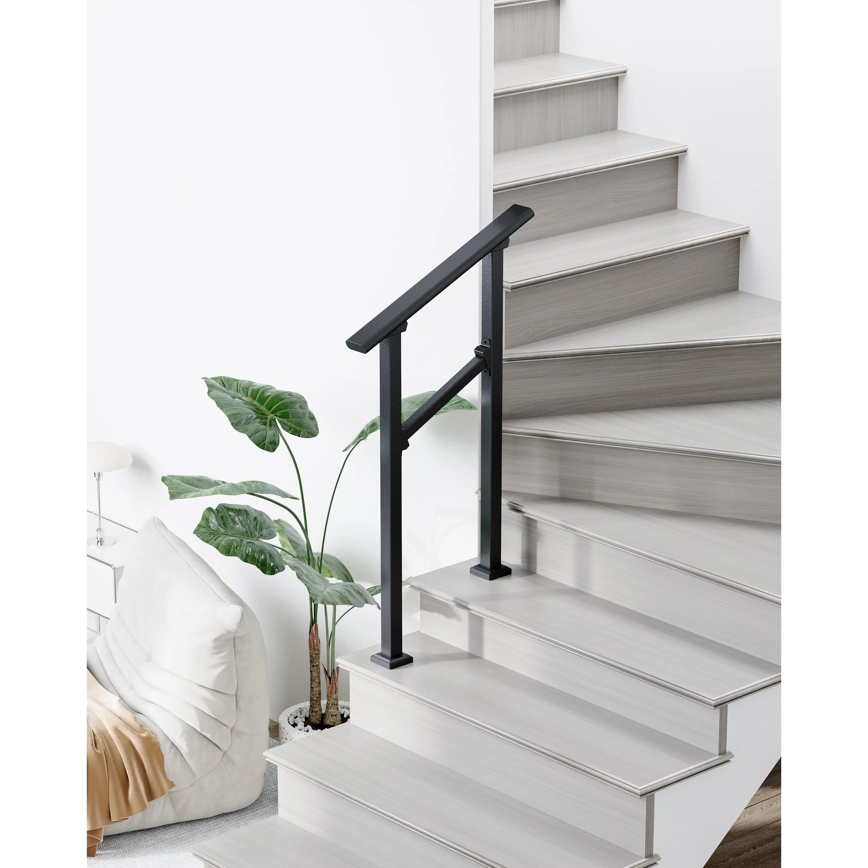 Adjustable Black Metal Stair Handrail, 3‑6 Step Outdoor Exterior Railing for Deck & Porch, DIY Installation Kit, Heavy‑Duty Banister for Home Stair Renovation