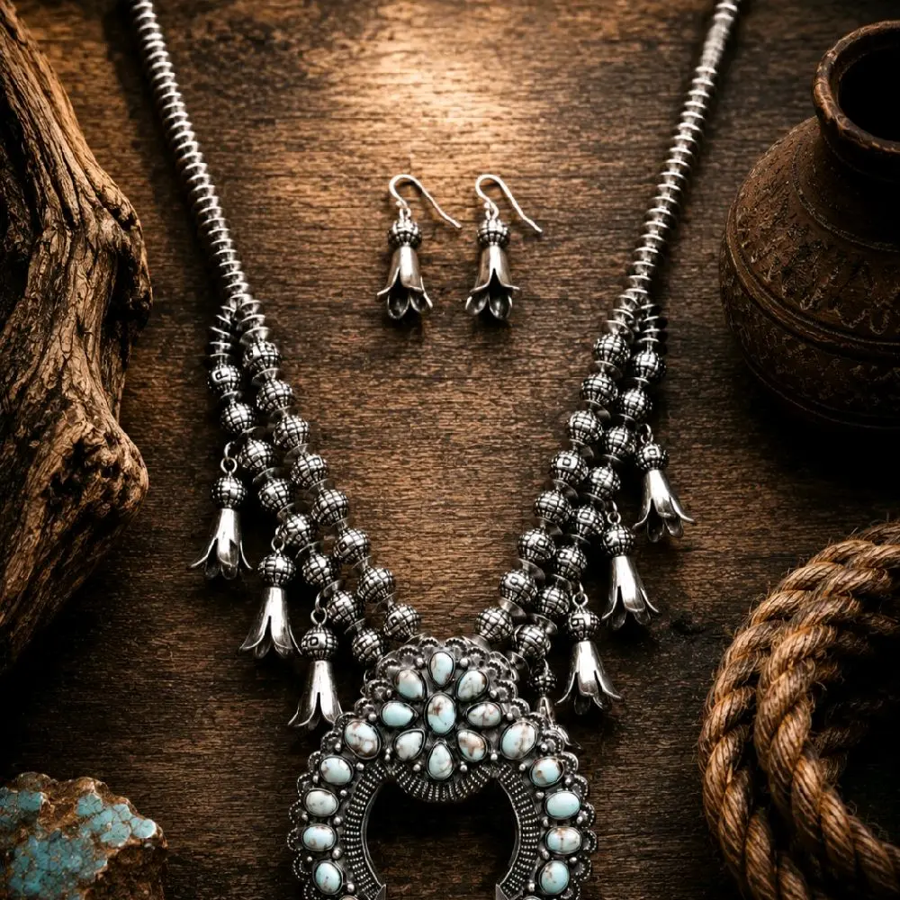 Female Antique Silver Squash Blossom Pendant Necklace & Earring Set - Ideal for Mom, Best Friend, Engagement Gifting