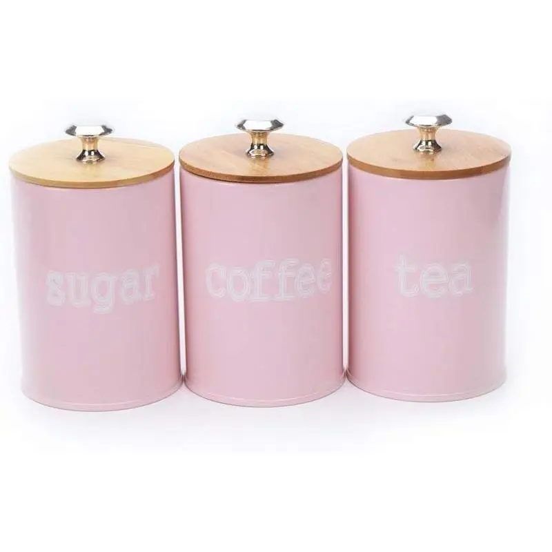 Pink 3-Piece Metal Kitchen Canister Jar Set, Bamboo Lids Help Preserve, Airtight Container & Lid Jar Sealers, Metal Body for Pantry Countertop Food Storage & Kitchen Utensil Organization