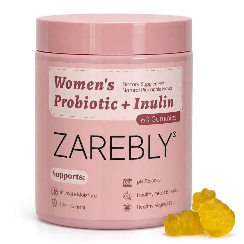 ZAREBLY Feminine Probiotic Gummies, 60-Count Hawaiian Pineapple Flavor - All-in-1 Solution with Slippery Elm, Prebiotics & Lactobacillus for Women’s pH & Dryness Balance, Probiotics woman support