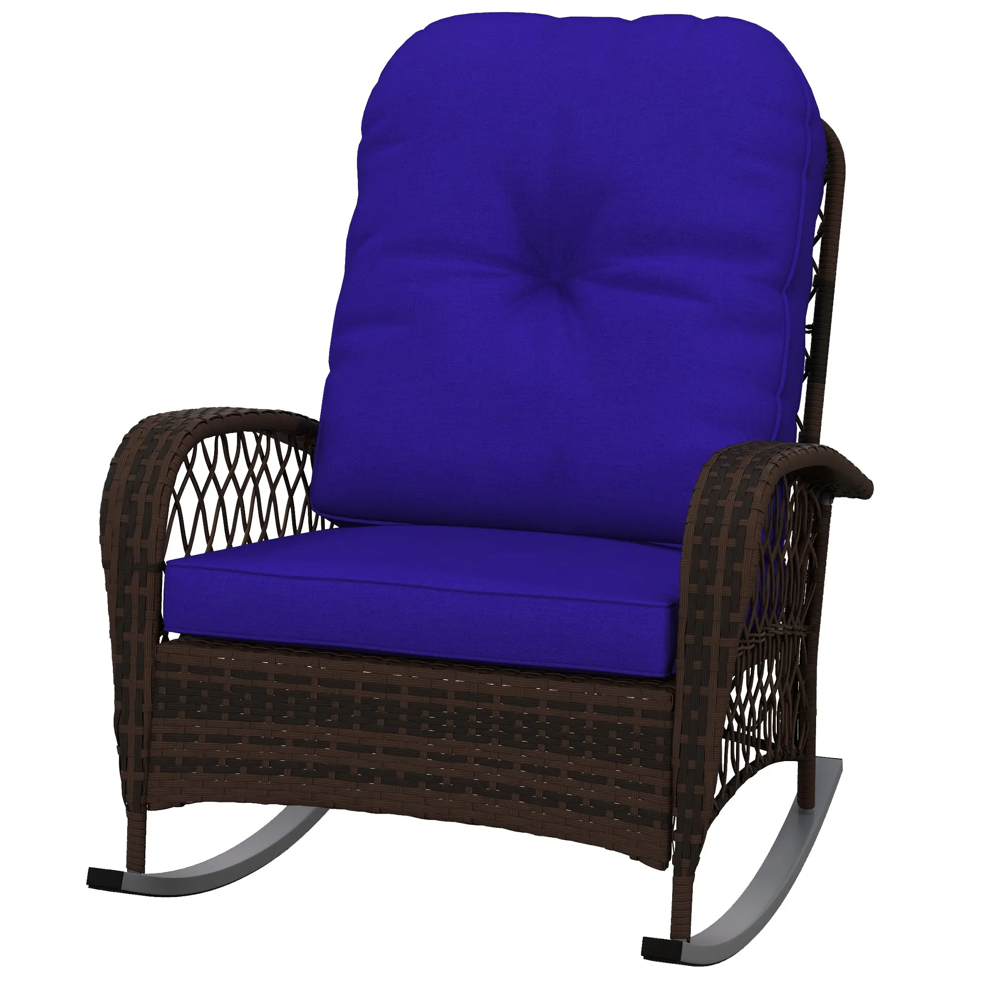 Single-Seat Dark Blue Rattan Weave Outdoor Rocking Chair, Waterproof Plastic Frame, 29.5-Inch Wide Porch Chair with Plush Cushion for Patio Relaxing