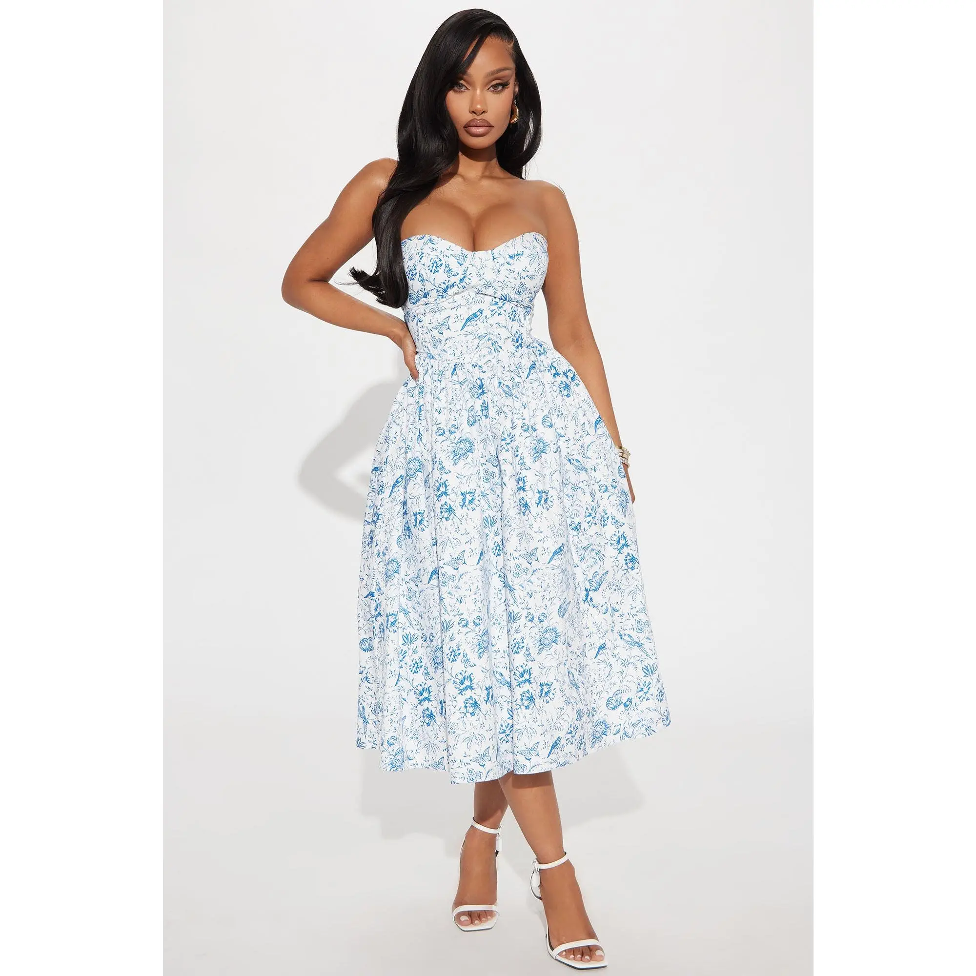 Always Delicate Strapless Midi Dress - White/Blue