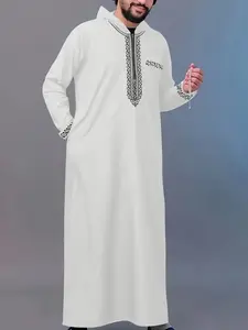 Islamic Traditional Men's Robe Thobe, Traditional Arabic Robe, with Embroidery Hood, Fitted Woven Fabric, Perfect for Muslim, Ramadan & Special Occasions