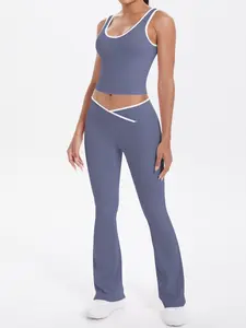 Women's Colorblock Yoga Set, Athletic Tracksuit Set, U Neck Sleeveless Vest & Cross Waist Flare Pants, Running Fitness Pilates Sports Wear, Sporty High Stretch