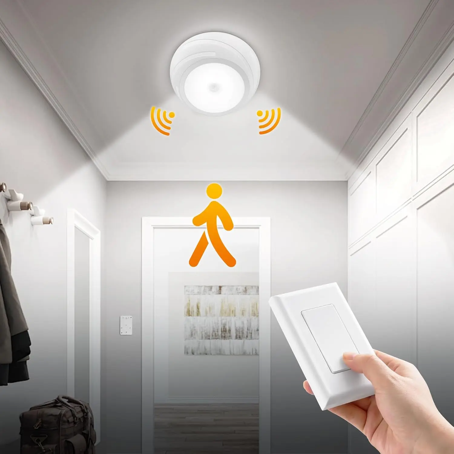 SURAIELEC Battery-Powered LED Ceiling Light with Wall Switch, Motion Sensor, Wireless Remote, 6500K, 300LM, Interior Light for Closet, Pantry, Shed, 1-Pack