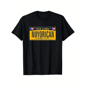 Nuyorican Vintage Style Tee with Puerto Rican Flag License Plate Graphic, Black with Yellow & Red Details, Comfortable Unisex Casual Wear