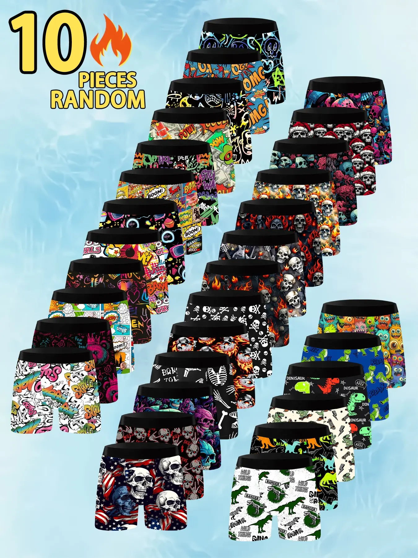 Men's 10-Pack Random Pattern Graffiti Stretch Boxer Shorts, Comfortable and Breathable Everyday Stretchy Underwear, Soft Elastic Fabric for All Seasons